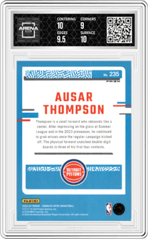 Ausar Thompson from the 2023-24 Donruss Optic set featuring a Holo parallel graded by Arena Club and given an overall grade of 9.5.