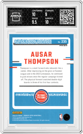 Ausar Thompson from the 2023-24 Donruss Optic set featuring a Holo parallel graded by Arena Club and given an overall grade of 9.5.