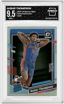 Ausar Thompson from the 2023-24 Donruss Optic set featuring a Holo parallel graded by Arena Club and given an overall grade of 9.5.