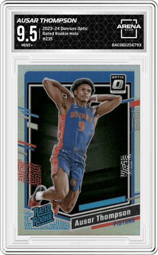 Ausar Thompson from the 2023-24 Donruss Optic set featuring a Holo parallel graded by Arena Club and given an overall grade of 9.5.