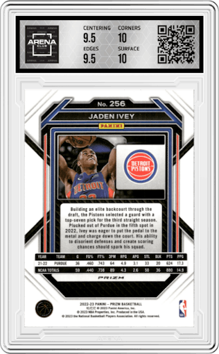 Jaden Ivey from the 2022-23 Panini Prizm  set featuring a Hyper parallel graded by Arena Club and given an overall grade of 10.