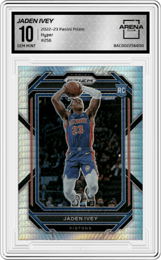 Jaden Ivey from the 2022-23 Panini Prizm  set featuring a Hyper parallel graded by Arena Club and given an overall grade of 10.
