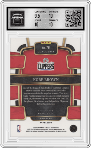 Kobe Brown from the 2023-24 Panini Select  set featuring a Maroon Prizm parallel graded by Arena Club and given an overall grade of 10.