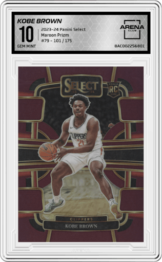 Kobe Brown from the 2023-24 Panini Select  set featuring a Maroon Prizm parallel graded by Arena Club and given an overall grade of 10.