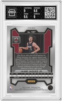 Jaime Jaquez Jr. from the 2023-24 Panini Prizm set featuring a Red White Blue Prizm parallel graded by Arena Club and given an overall grade of 9.5.