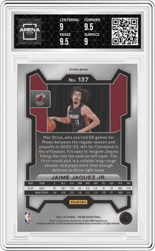 Jaime Jaquez Jr. from the 2023-24 Panini Prizm set featuring a Red White Blue Prizm parallel graded by Arena Club and given an overall grade of 9.5.