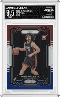 Jaime Jaquez Jr. from the 2023-24 Panini Prizm set featuring a Red White Blue Prizm parallel graded by Arena Club and given an overall grade of 9.5.