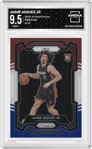 Jaime Jaquez Jr. from the 2023-24 Panini Prizm set featuring a Red White Blue Prizm parallel graded by Arena Club and given an overall grade of 9.5.