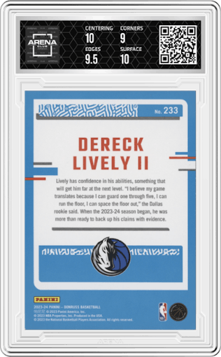 Dereck Lively II from the 2023-24 Panini Donruss set featuring a Red parallel graded by Arena Club and given an overall grade of 9.5.