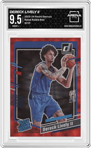 Dereck Lively II from the 2023-24 Panini Donruss set featuring a Red parallel graded by Arena Club and given an overall grade of 9.5.