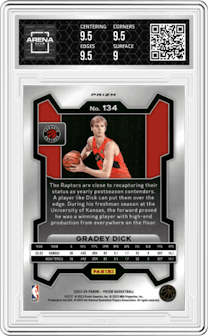 Gradey Dick from the 2023-24 Panini Prizm set featuring a Red Ice parallel graded by Arena Club and given an overall grade of 9.5.