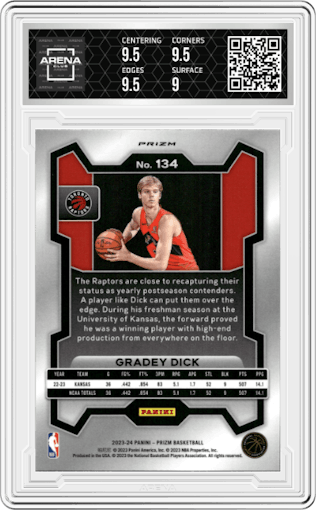 Gradey Dick from the 2023-24 Panini Prizm set featuring a Red Ice parallel graded by Arena Club and given an overall grade of 9.5.