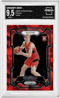 Gradey Dick from the 2023-24 Panini Prizm set featuring a Red Ice parallel graded by Arena Club and given an overall grade of 9.5.