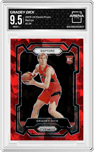 Gradey Dick from the 2023-24 Panini Prizm set featuring a Red Ice parallel graded by Arena Club and given an overall grade of 9.5.