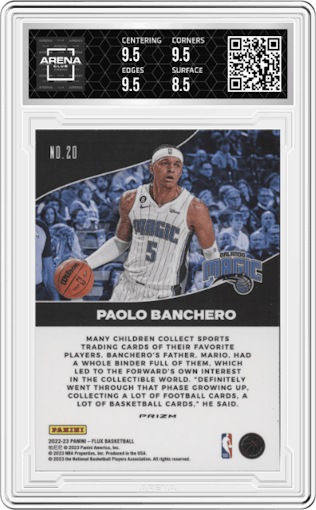 Paolo Banchero from the 2022-23 Panini Flux set featuring a Silver parallel graded by Arena Club and given an overall grade of 9.
