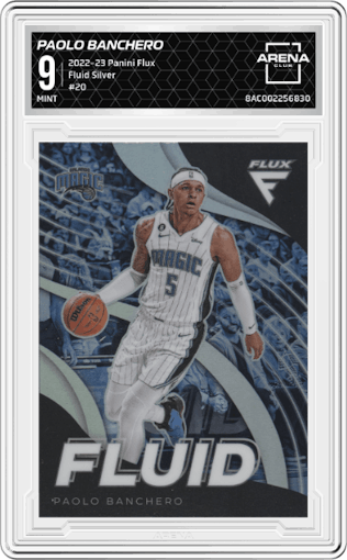Paolo Banchero from the 2022-23 Panini Flux set featuring a Silver parallel graded by Arena Club and given an overall grade of 9.