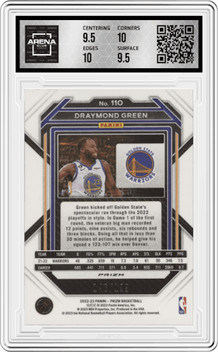 Draymond Green from the 2022-23 Panini Prizm  set featuring a Blue Prizm parallel graded by Arena Club and given an overall grade of 10.