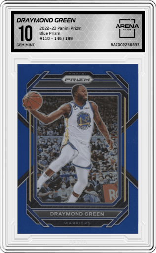 Draymond Green from the 2022-23 Panini Prizm  set featuring a Blue Prizm parallel graded by Arena Club and given an overall grade of 10.
