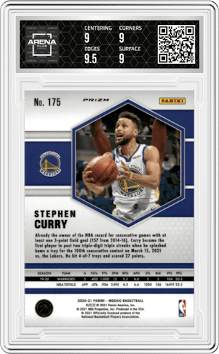 Stephen Curry from the 2020-21 Panini Mosaic set featuring a Green Mosaic parallel graded by Arena Club and given an overall grade of 9.