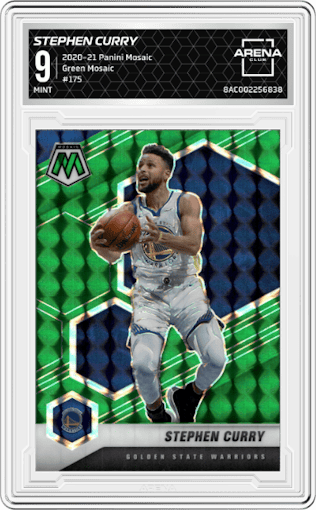 Stephen Curry from the 2020-21 Panini Mosaic set featuring a Green Mosaic parallel graded by Arena Club and given an overall grade of 9.