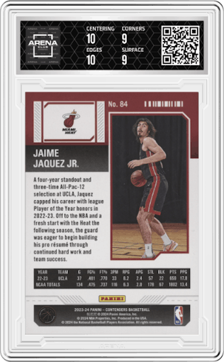 Jaime Jaquez Jr. from the 2023-24 Panini Contenders set featuring a 1st Round Ticket parallel graded by Arena Club and given an overall grade of 9.5.