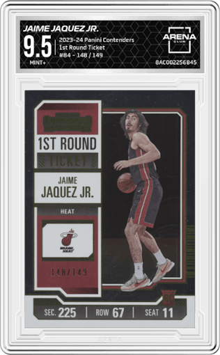 Jaime Jaquez Jr. from the 2023-24 Panini Contenders set featuring a 1st Round Ticket parallel graded by Arena Club and given an overall grade of 9.5.