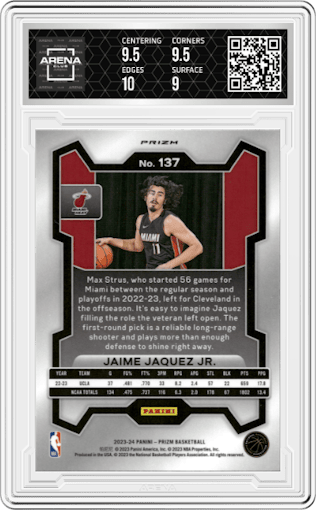 Jaime Jaquez Jr. from the 2023-24 Panini Prizm set featuring a Pink Ice parallel graded by Arena Club and given an overall grade of 9.5.