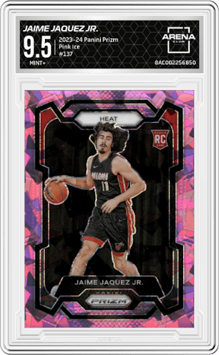 Jaime Jaquez Jr. from the 2023-24 Panini Prizm set featuring a Pink Ice parallel graded by Arena Club and given an overall grade of 9.5.