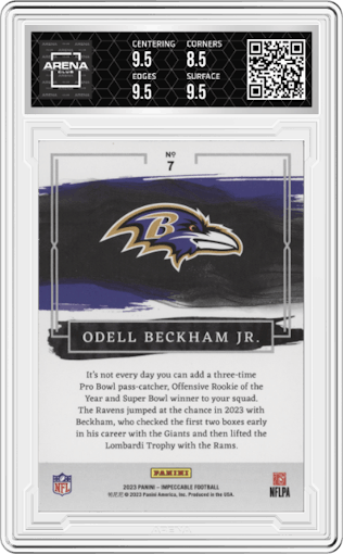Odell Beckham Jr. from the 2023 Panini Impeccable set graded by Arena Club and given an overall grade of 9.