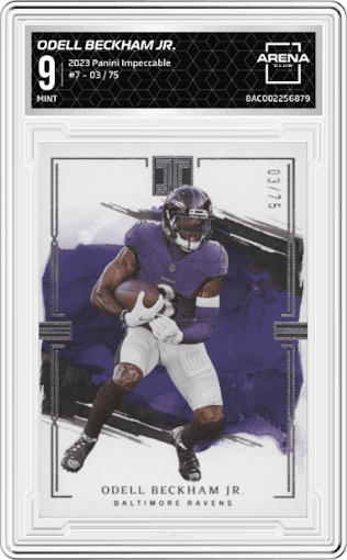 Odell Beckham Jr. from the 2023 Panini Impeccable set graded by Arena Club and given an overall grade of 9.