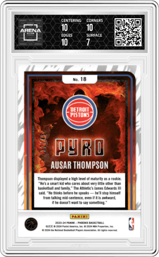Ausar Thompson from the 2023-24 Panini Phoenix set featuring a Orange parallel graded by Arena Club and given an overall grade of 7.5.