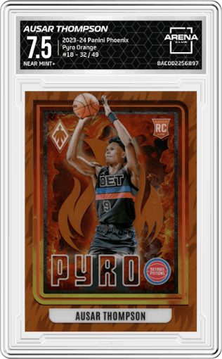 Ausar Thompson from the 2023-24 Panini Phoenix set featuring a Orange parallel graded by Arena Club and given an overall grade of 7.5.