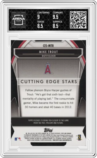 Mike Trout from the 2013 Bowman Platinum set graded by Arena Club and given an overall grade of 9.