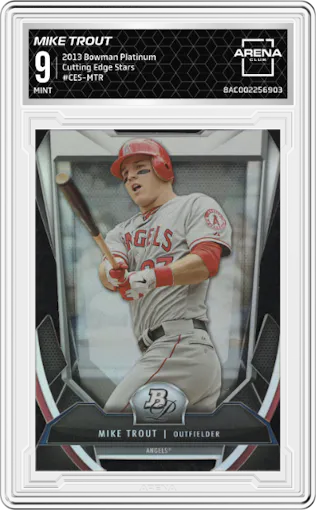 Mike Trout from the 2013 Bowman Platinum set graded by Arena Club and given an overall grade of 9.