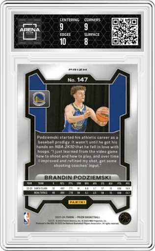 Brandin Podziemski from the 2023-24 Panini Prizm set featuring a Pink Ice parallel graded by Arena Club and given an overall grade of 8.5.