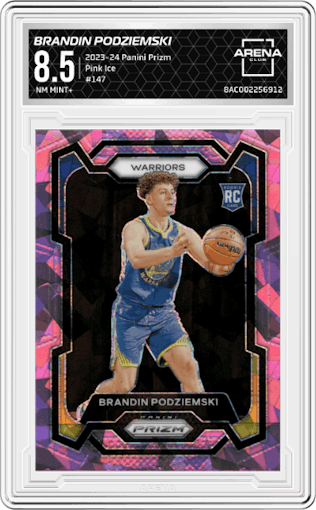 Brandin Podziemski from the 2023-24 Panini Prizm set featuring a Pink Ice parallel graded by Arena Club and given an overall grade of 8.5.
