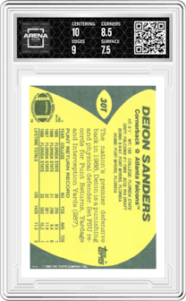 Deion Sanders from the 1989 Topps Traded set graded by Arena Club and given an overall grade of 8.