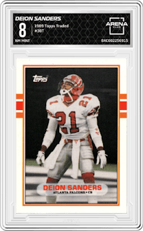 Deion Sanders from the 1989 Topps Traded set graded by Arena Club and given an overall grade of 8.