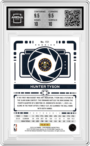 Hunter Tyson from the 2023-24 Panini Photogenic set featuring a Wedges parallel graded by Arena Club and given an overall grade of 10.