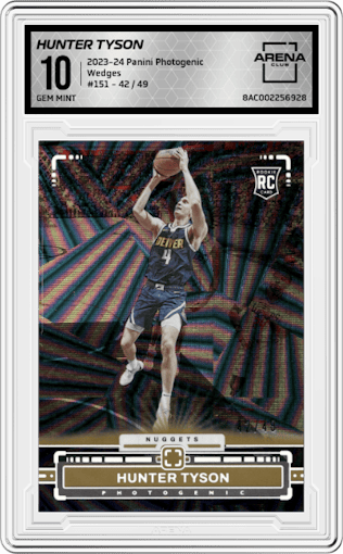 Hunter Tyson from the 2023-24 Panini Photogenic set featuring a Wedges parallel graded by Arena Club and given an overall grade of 10.