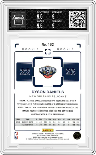 Dyson Daniels from the 2022-23 Panini Photogenic set featuring a Silver parallel graded by Arena Club and given an overall grade of 9.5.