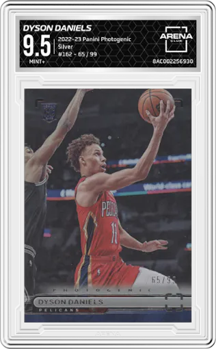 Dyson Daniels from the 2022-23 Panini Photogenic set featuring a Silver parallel graded by Arena Club and given an overall grade of 9.5.