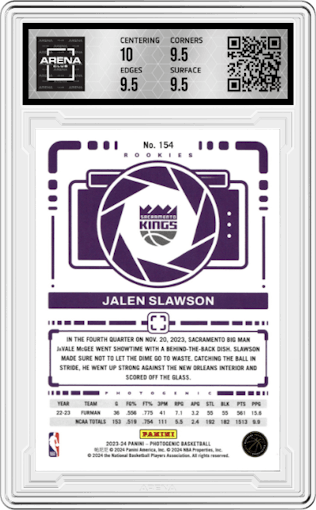 Jalen Slawson from the 2023-24 Panini Photogenic set featuring a Maze parallel graded by Arena Club and given an overall grade of 10.