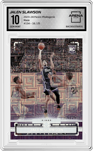 Jalen Slawson from the 2023-24 Panini Photogenic set featuring a Maze parallel graded by Arena Club and given an overall grade of 10.