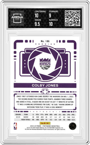 Colby Jones from the 2023-24 Panini Photogenic set featuring a Diamond parallel graded by Arena Club and given an overall grade of 9.5.