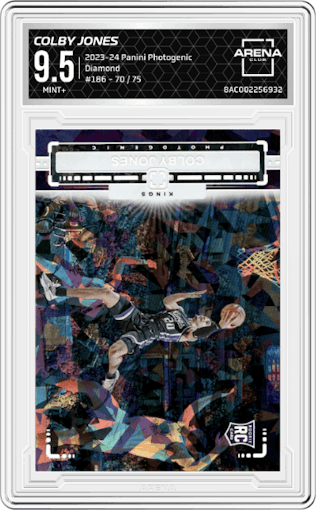 Colby Jones from the 2023-24 Panini Photogenic set featuring a Diamond parallel graded by Arena Club and given an overall grade of 9.5.