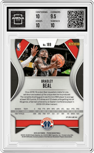 Bradley Beal from the 2019-20 Panini Prizm set featuring a White Sparkle parallel graded by Arena Club and given an overall grade of 10.