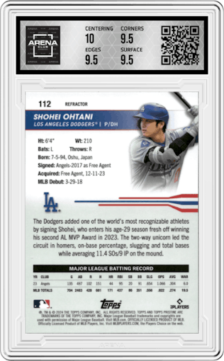 Shohei Ohtani from the 2024 Topps Pristine set featuring a Refractor parallel graded by Arena Club and given an overall grade of 10.