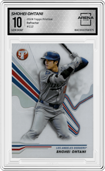 Shohei Ohtani from the 2024 Topps Pristine set featuring a Refractor parallel graded by Arena Club and given an overall grade of 10.