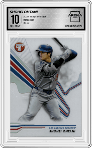 Shohei Ohtani from the 2024 Topps Pristine set featuring a Refractor parallel graded by Arena Club and given an overall grade of 10.